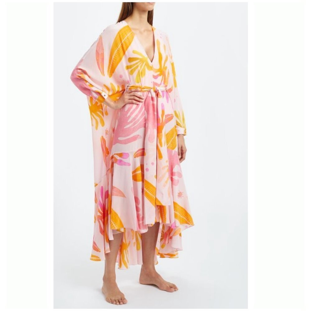 Kalmar 100% Silk Pink Orange Stella Raglan Sleeve Belted Dress